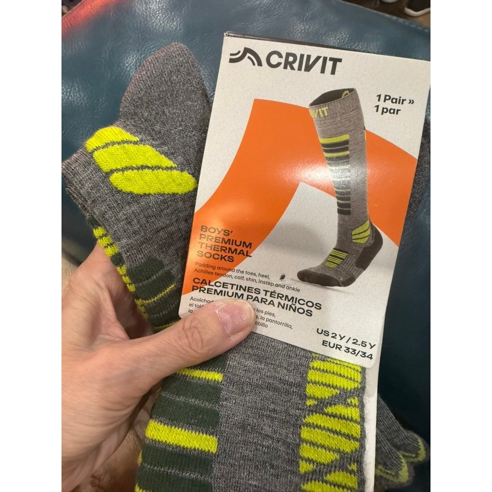 Crivit Boys Premium 2 pk Thermal Socks Gray Neon Yellow Ski Snowboard 2-2.5Y NEW